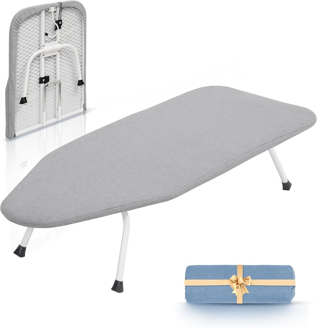 STORAGE MANIAC Tabletop Ironing Broad, All Iron Frame Mini Folding Ironing Broad with 2 Removable Cover, Portable Small Iron Mat with 7 mm Thick Pad for Laundry Room, Dorms  Silver & Blue