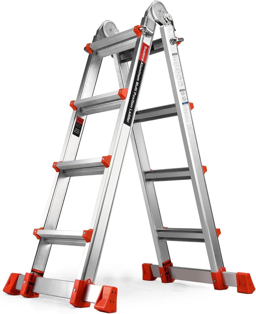 Soctone Ladder, A Frame Extension Ladder, Multi Position with Stabilizer Bar, 330 lbs Weight Rating Telescoping Ladder for Household or Outdoor Work, 14 Ft, Orange