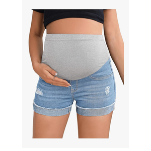 Women's Maternity Adjustable High Waist Ripped Roll Up Hem Denim Mini Shorts with Pocket, Medium