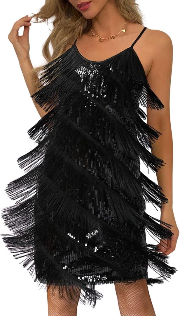 EVELUST Sexy Sequin Fringe Dress for Women - Cowgirl Western Country Concert Sparkly Nashville Festival Tassel Dance Outfit (Black) XS