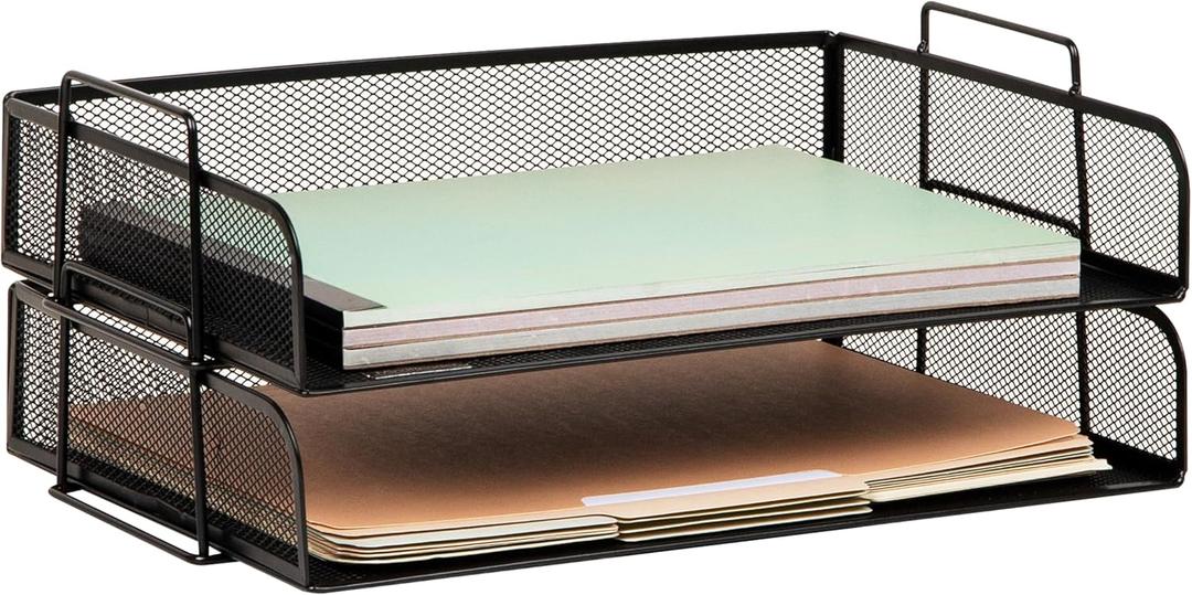Mind Reader Stackable Paper Tray, Desktop Organizer, File Storage, Office, Metal Mesh, 2 Pcs., Black (13.3" x 9.8" x 2.8")