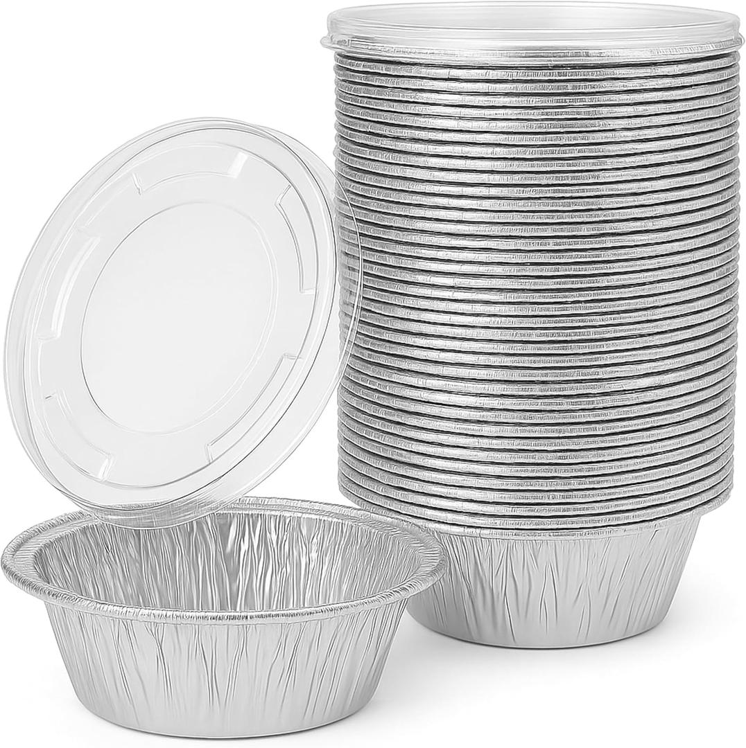 [50 Pack] 5" Disposable Foil Baking Pans with Lids  Round Aluminum Food Containers for Oven Use, Takeout, Storage, and Meal Prep