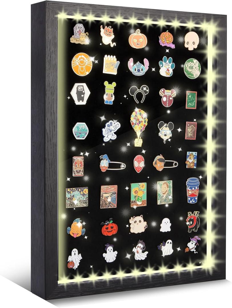 Light Up Pin Display Case 16x12 Black Enamel Pin Display Board with Light, Pin Holder and Pin Collection Display Frame, Pin Display for Wall or Tabletop, Pin Board for Enamel Pins
