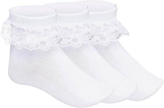 Pistha 3 Pairs Girls Ruffle Socks White Ruffled Lace Socks for Girls Toddler Frilly Dress 5-7 Y
