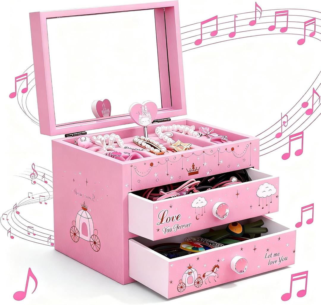 Musical Jewelry Box Jewelry Organizer Box for Women Girls with 2 Pullout Drawers,Wooden Storage Box Princess Jewelry Boxes,Castle Design Kids Jewelry Box for Little Girls Birthday Christmas Gift