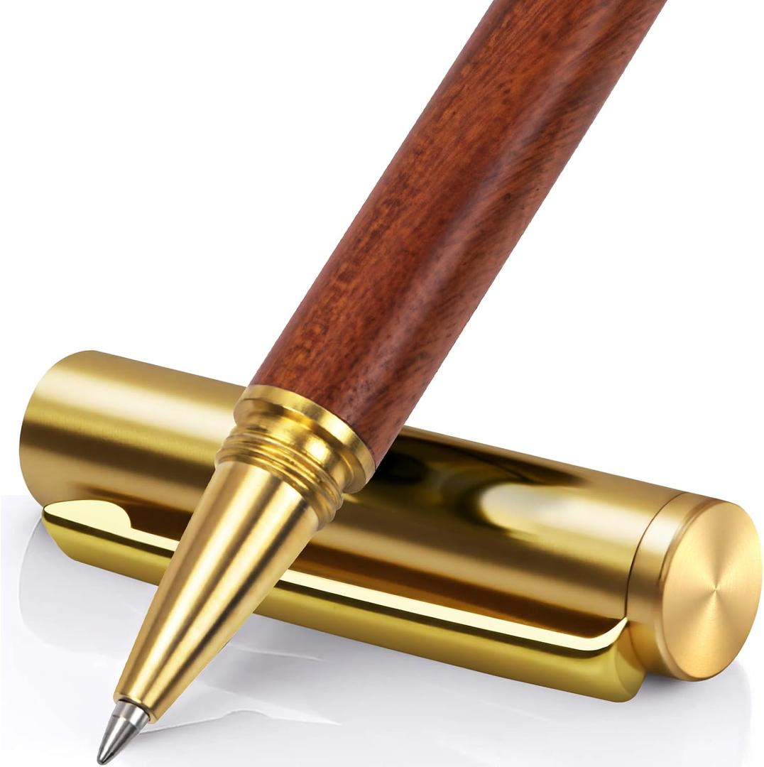 Luxury Wooden Ballpoint Pen, 0.5mm Black Ink Rollerball Pen with Brass Tip & Cap, Offering a Smooth-Gliding Writing Experience, Handcrafted Wood Signature Pen for Business, Executive, Office, School