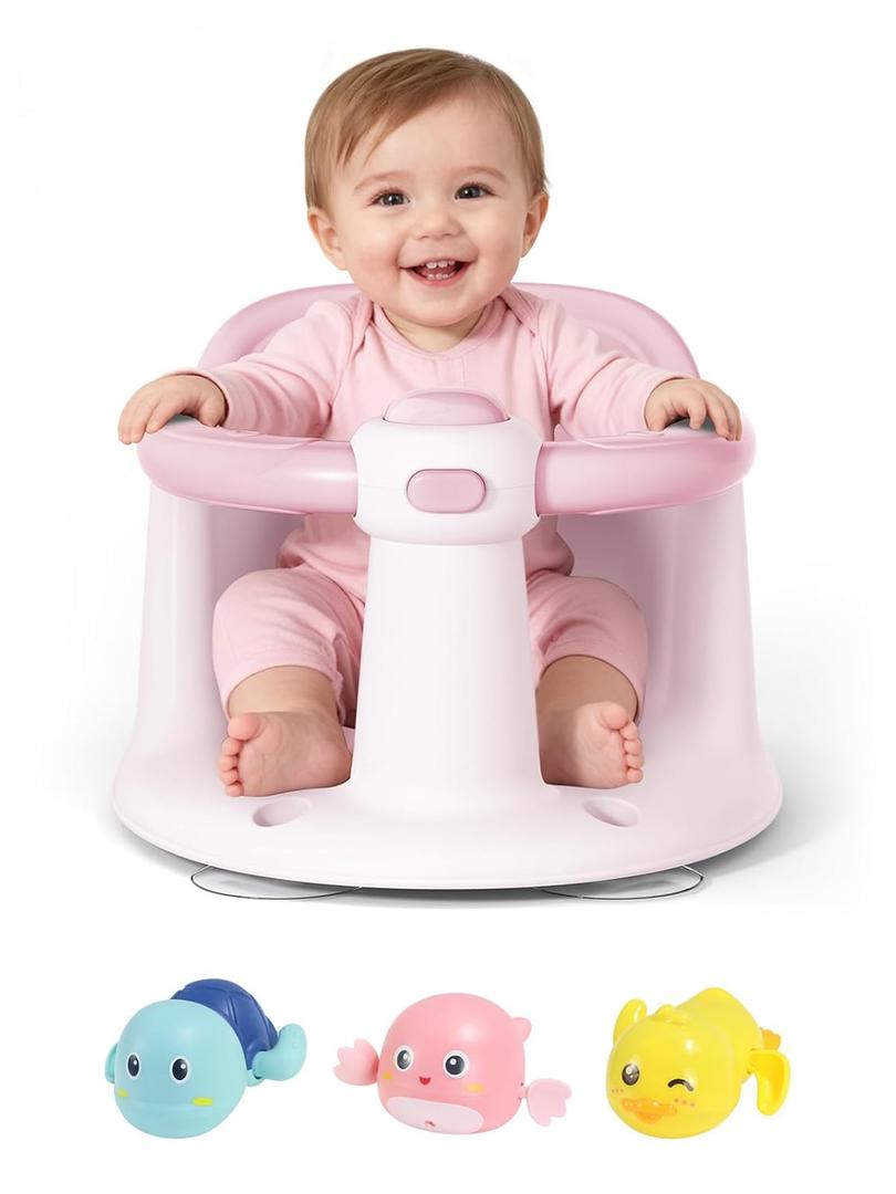 Baby Bath Seat for Babies 6 Months & Up - Bathtub Seats for Babies with 3 Baby Bath Toys, Non-Slip, Comfortable, Infant Bath Essentials-Pink