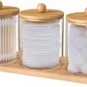 3 Pcs Cotton Swab Ball Pad Holder, 10 Oz Clear Holder Dispenser Containers for Bathroom Organizers and Storage with Bamboo Lids and Tray