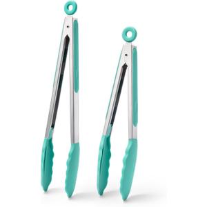 Doosu Kitchen Tongs for Cooking - 600F Heat Resistant Food Tong Set with Non-Scratch Silicone Tips, Heavy Duty Stainless Steel Locking Tong for BBQ, Grilling Steak, Serving Salad (9+12in, Aqua Sky)