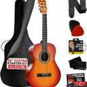 Pyle Beginner Acoustic Guitar Kit, 3/4 Junior Size All Wood Instrument with Full Accessory Kit, Picks, Shoulder Strap, Carry Case, Cleaning Cloth, Tuner App, 2 Month Lessons, 36 (Cherry Burst Gloss)