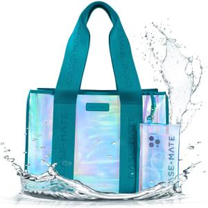Case-Mate Emerald Blue Jelly Tote – Iridescent Tote Bag with Phone Pouch for Women – Waterproof, Tip-Proof, Foldable & Washable – Handbag for Everyday Use, Travel, Pool & Vacation - Large