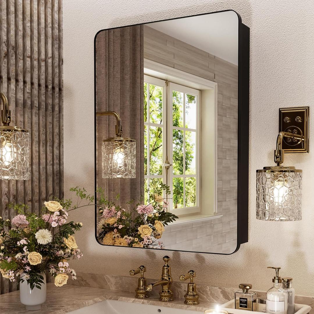16x24 Inch Bathroom Medicine Cabinet with Mirror, Partition Storage for Tall Bottles, Recessed or Surface Mount Wall Cabinet, 110 Soft Close Hinge, Pre-Assembled, Matte Black, w/Hardware