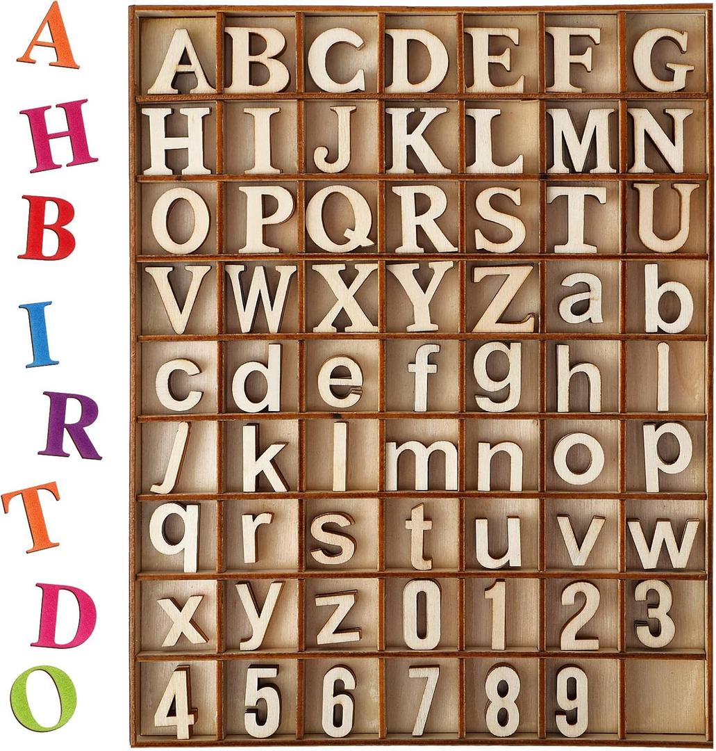 Blulu 248 Pcs 1 Inch Wood Alphabet Letters Numbers Blank Unfinished Wooden Letters Numbers for Crafts with Rustic Storage Tray for Spelling Learning Education Back to School Gifts(Wood Color)
