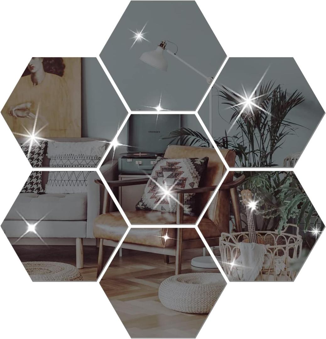 DIY Wall Decals Acrylic Mirror Sticker Set, Hexagon Mirror Wall Stickers for Living Room Bedroom Decor (Black) (8 inch)
