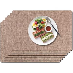 Vinyl Placemats Set of 6-1217.7 Inch Waterproof & Heattable Placemats, Fall Faux Leather Wipeable Outdoor Table Mat for Dining, Kitchen, Indoor Outdoor Use (Brown, Linen Texture)