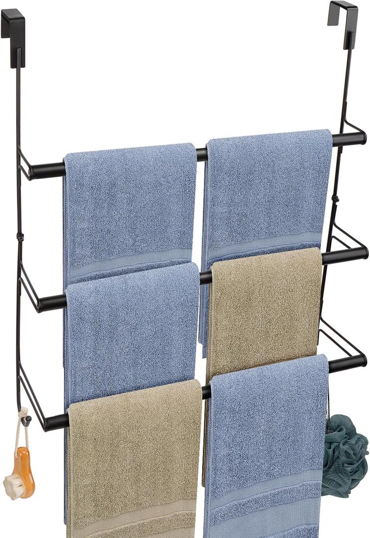 Livabber 3-Tier Over The Door Towel Rack, All Metal Towel Rack with Hooks for Door Hanging, Behind Door Towel Bar Towel Storage Holder for Bathroom Accessories, 19.37" L x 5.9" Wx 24.4" H(Black)