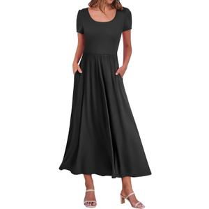 ANRABESS Women Summer Casual Maxi Dress Short Sleeve Square Neck High Waist Flowy A-Line Beach Long Dress with Pockets Black Small (Black, S)