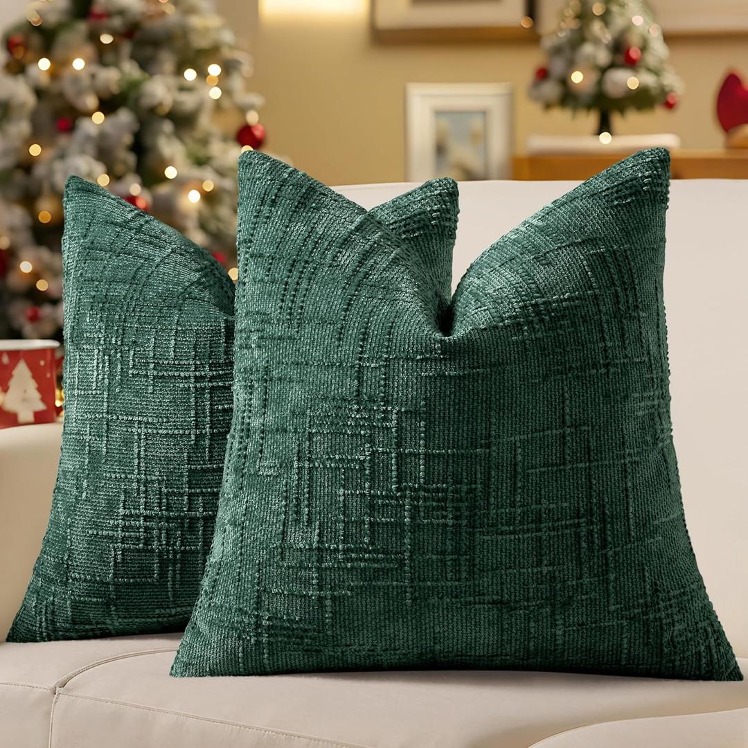 decorUhome Spring Green Chenille Throw Pillow Covers 18x18 Set of 2 Textured Slubby Couch Pillow Covers Farmhouse Accent Modern Neutral Decorative Pillow Cases for Bed Sofa Living Room