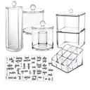 6-Pack Makeup Organizer Acrylic Plastic Containers. Bathroom Beauty Storage Set: 5 Canisters & 107 Printed Labels Organization