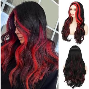 Black and Red Long Culry Wavy wig for Women Natural Hair for Cosplay Halloween Costume Party Daily Party Use