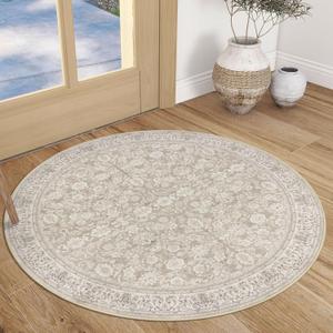 SIILOOM 3' Round Rug Washable Rug for Entryway, Cream Beige Yellow White Grey Soft Non-Slip Area Rugs Distressed Floral Low-Pile Carpet, Neutral Vintage Circle Rugs for Living Room Bedroom Foyer