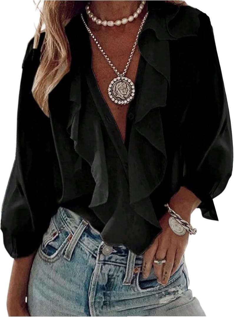 GORGLITTER Women's Ruffled Top Blouses Dressy Business Casual Button Up Long Sleeve V Neck Shirts Work Office Outfits (L)