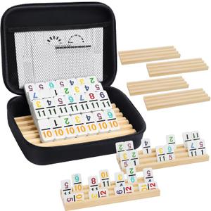Mexican Train Dominoes Set with Numbers and 8 Wooden Trays/Racks, Double 12 Dominos Travel Set with 8 Tiles Holders, 91 Tiles Double 12 Colored Dominoes Game Set with Portable Case for Families Kids