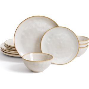 Famiware Dinnerware Sets for 4, Ocean Round 12-Piece Kitchen Plates and Bowls Sets, Reactive Glaze, Microwave and Dishwasher Safe, Scratch Resistant, Cappuccino White