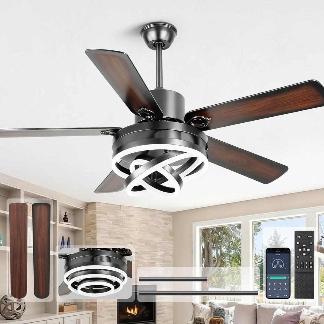 52 Inch Chandelier Ceiling Fans with Lights, Modern Ceiling Fan with Remote Control for Living Room Kitchen, Dimmable, 6 Speed Reversible DC Motor, Dual Finish, Black