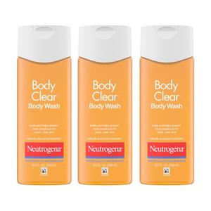 Neutrogena Body Clear Acne Body Wash, 2% Salicylic Acid Acne Medication, Oil-Free & Glycerin for Breakouts on Back, Chest & Shoulders, Non-Comedogenic, Gentle on Skin, Unscented, 8.5 Fl Oz, 3 Pack