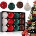 Liliful 12 Pcs 4 Color Velvet Christmas Balls and Stars 3.15 Inch Flocked Christmas Tree Ball Ornaments Plastic Ball Decorations with Gift Box for Xmas Tree, Party, Holiday, Wedding