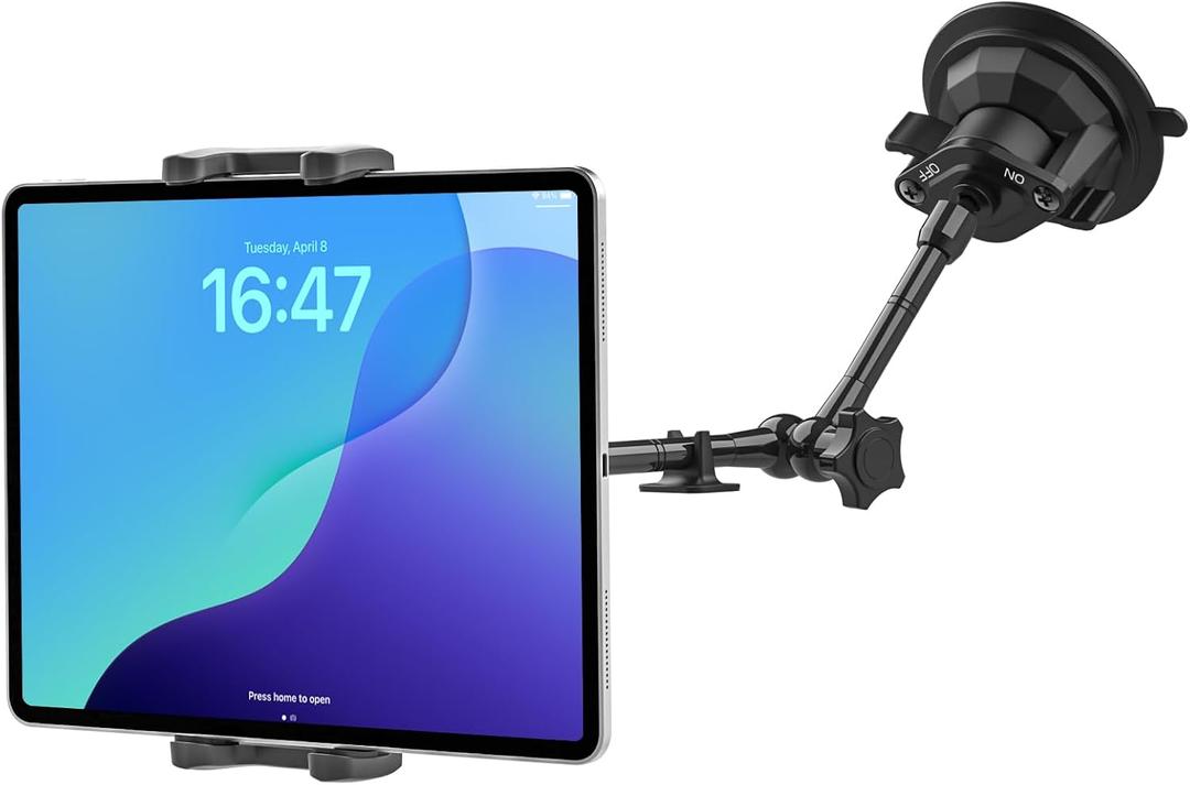 Heavy Duty Metal Truck Tablet Mount with Long Adjustable Arm, Suction Cup Dashboard & Windshield Holder for Semi Truck, Pickup, SUV Fits 4-13" iPad Pro Air Mini, Galaxy Tab, Z Fold, Phones