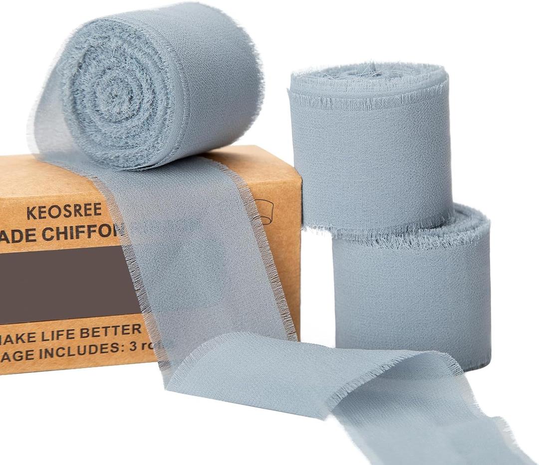 KEOSREE 3 Rolls Dusty Blue Handmade Chiffon Ribbon,1.5" x 21Yd Frayed Fringe Silk Ribbons (3 Rolls *7Yd) for Gifts Wrapping, Wedding Invitations, Bridal Bouquets, Decorations