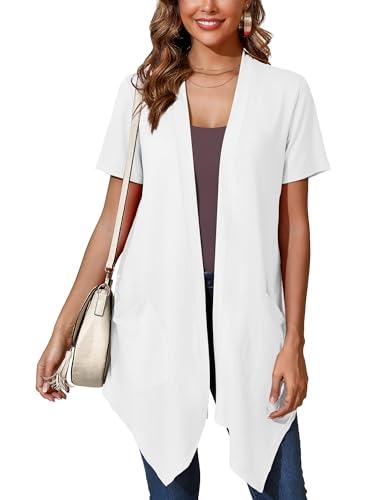 Skrfez Lightweight Cardigan for Women White X-Large Drape Plus Size Shrug Open Front Short Sleeve Light Weight Dusters Casual Soft Jacket Cover Ups Summer Shawl Kimono Wraps with Pockets