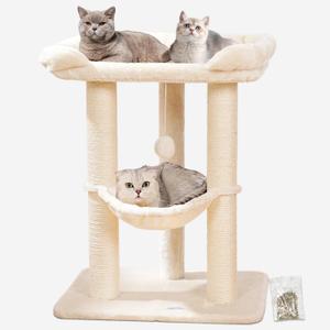 Happi N Pets 28" Cat Tree, Large Bed For Big Cats, Small Cat Tower with Soft Perch for Window Viewing, Stable Cat Tree Tower, Cat Scratching Post with Hammock, Removable Cover-Beige