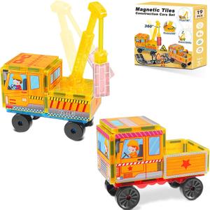Magnetic Tiles Cars Construction Set - 19 PCS Magnetic Tiles Magnet Bricks Truck Sensory Toys, Educational Magnet Cars Set Building Blocks for 3 4 5 6 7 8+ Year Old Girls Boys Toddler Expansion Set
