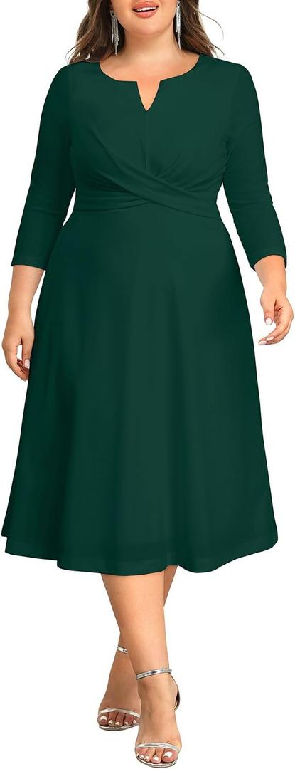Plus Size Wedding Guest Dress - Church Midi Fall Semi Formal 3/4 Sleeve V Neck A-line Dress for Women 2025 Size-22W