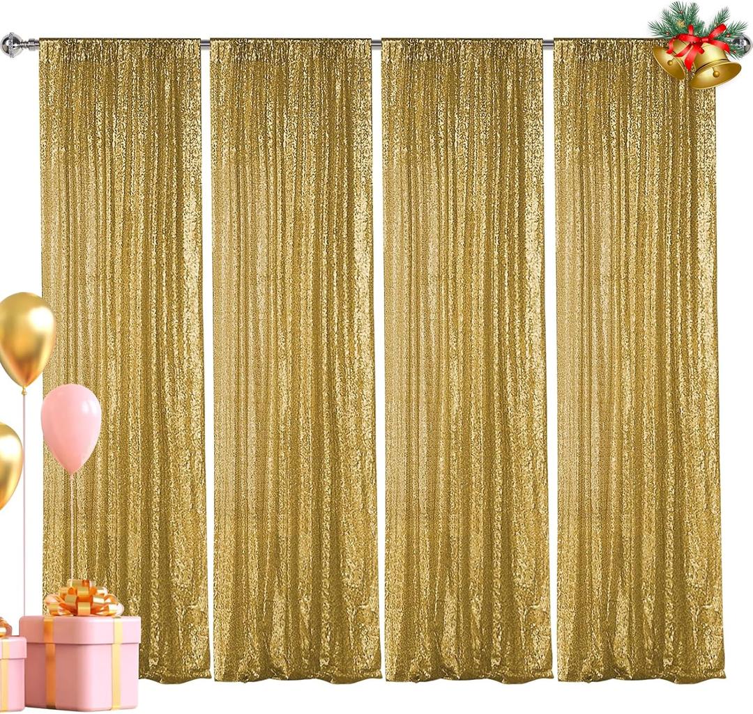 Hahuho Gold Sequin Backdrop Curtain, 4PCS 2FTx8FT Glitter Backdrop Curtain for Parties, Christmas, Wedding, Party Decoration4 Panels, 2FT x 8FT, Gold