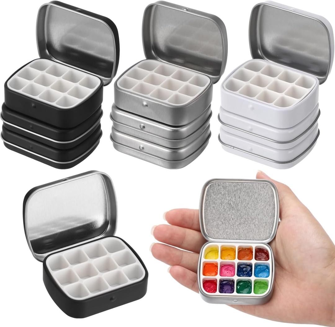 9 Pcs Mini Empty Watercolor Palette Tins, 12-Well Portable Metal Paint Tray with Lid, Strong Adhesion Pigment Pans, Compact Travel Art Storage Case, for Outdoor Travel Artists Sketching & Painting
