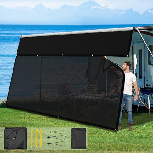 Glamful RV Awning Sun Shade Screen with Zipper 7' X 14'3",600D Oxford Cloth + Vinyl Mesh, Sunscreen Shade Complete Kits for Camper Trailer Awning, Black