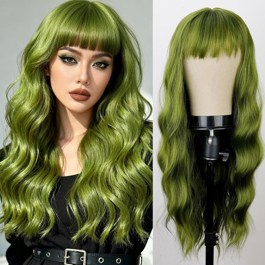 YOSILADY Green Wig with Bangs Soft Long Wavy Wigs for Women 26 Inch Natural Looking Synthetic Wigs for Halloween Cosplay and Parties Use (Green)