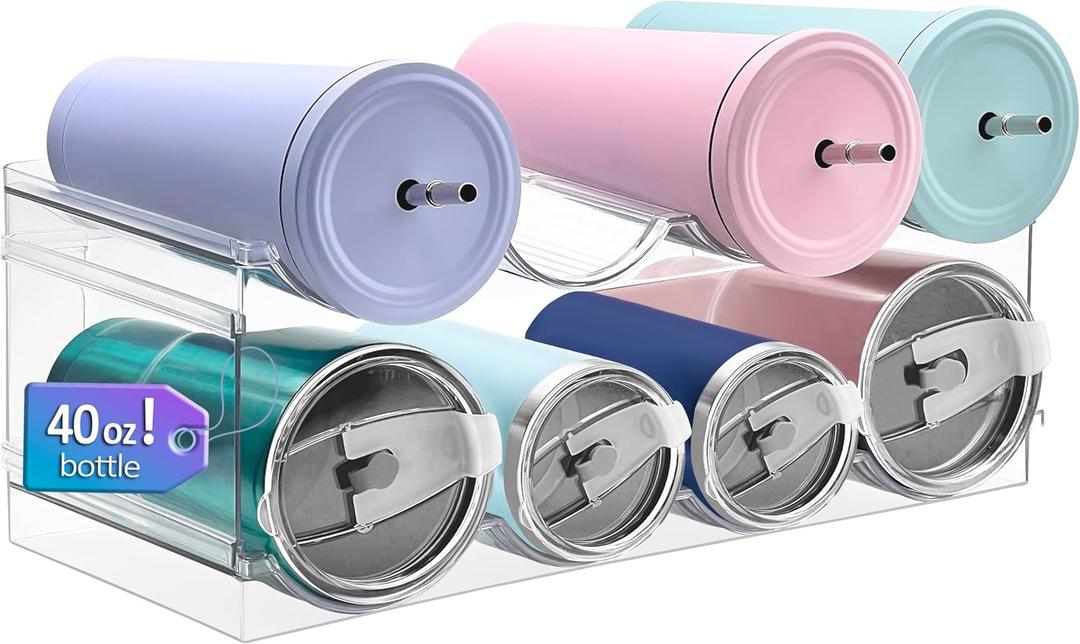 Homecor 2 Pack Water Bottle Organizer, Upgrade Stackable Kitchen Pantry Organization and Storage Rack, Water Bottle Holder for Fridge Cabinet Cupboard Storage, Plastic Tumbler Mug Cup Organizer Rack