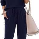 Zenlonr Women Summer 2 Piece Outfits 2025 Off Shoulder Short Sleeve Tops Elastic Waist Drawstring Long Pants Tracksuit (2XL, Navy)