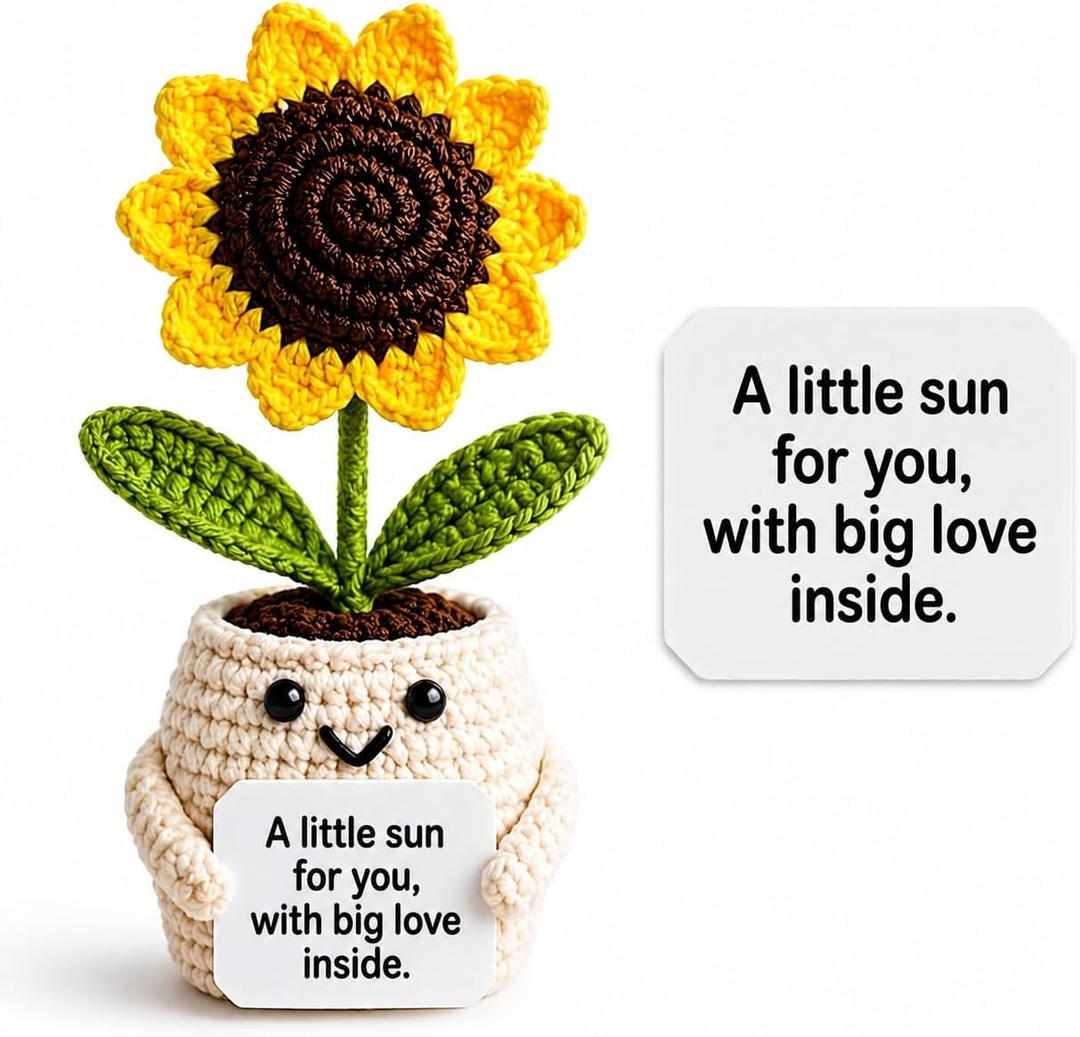 2 x Positive Sunflower Doll Crochet with Card A Little Sun for You, with Big Love Inside Cute Encouragement for Women Men, Coworker, Best Friend, Teacher Birthday, Christmas Thank You Gift