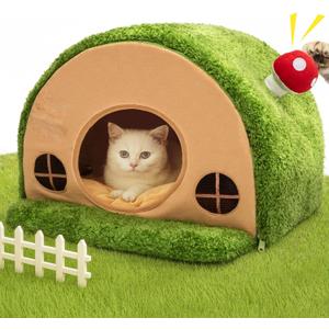 Mellownido Cat Bed for Indoor Cats - Cute Cat Bed Cave, Tree Hole Cat House Tent for Kittens and Small Pets with Removable Washable Cushion & Anti-Slip Bottom, Foldable Kitten Bed Hideaway, Green