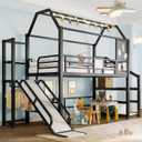 Bellemave Twin Size Metal House Loft Bed with Slide and Stairs,Heavy Duty Playhouse Loft Bed Frame with Storage Shelves for Kids,Teens,Adults,Black