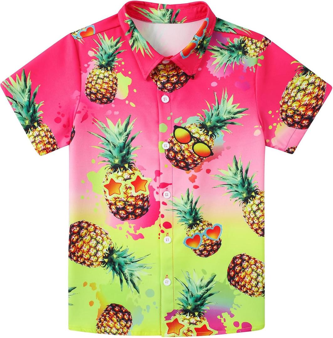 uideazone Boys Button Down Shirt Size 7 Size 8 Cool Funky Hawaiian Pineapple Shirts Kids Short Sleeve Beach Luau Blouse for Daily Leisure Family Gatherings Park Walks Outdoor Indoor (M)