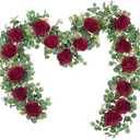 Dolicer 2Pcs 13Ft Artificial Eucalyptus Garlands with Flowers - 8 Roses, Faux Floral Greenery Garlands Fake Flowers Vines for Wedding Table Centerpieces Arch Party Ceremony Backdrop Decor (Red)