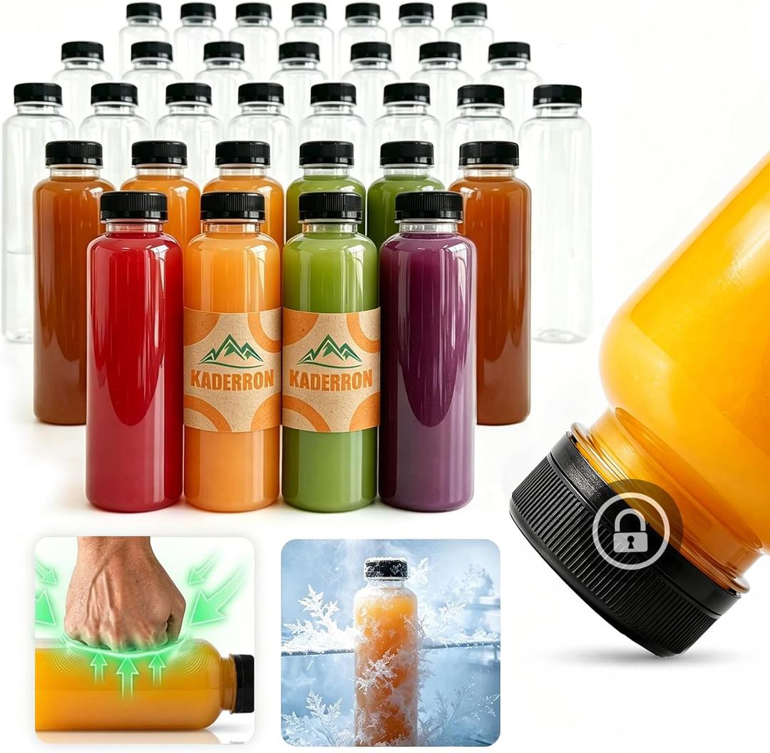 Kaderron 40pcs 12oz Plastic Juice Bottles with Caps, Empty PET Disposable Plastic Bottles, Clear Bulk Drink Containers with Black Tamper Evident Lids for Juicing, Drinking and Other Beverages