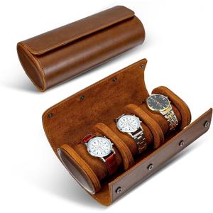 Leather Watch Travel Case for Men Women, Watch Roll Case Hold 3 Watches Storage Organizer with Removable Pillows Solid Dividers Flat Base Watches Holder for Home Travel Display